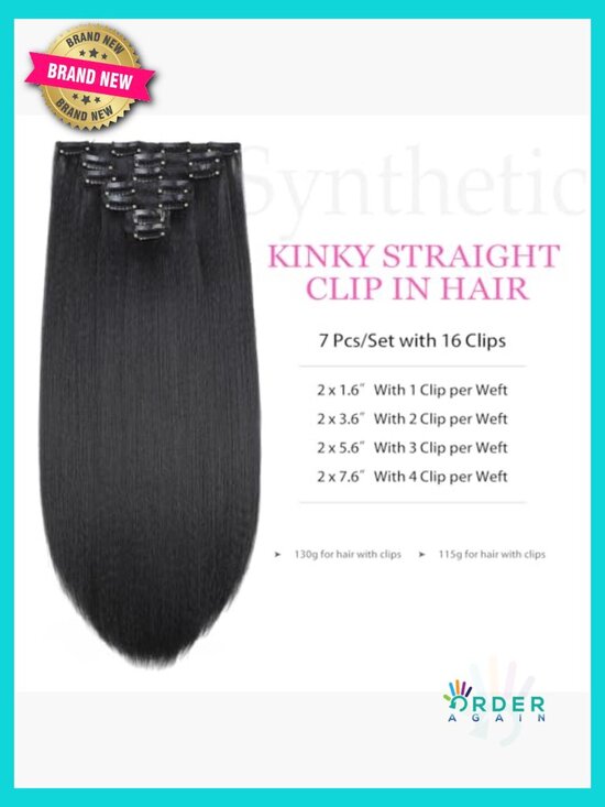 Yaki Kinky Straight Clip In Hair Extensions 7 Pieces 145g Seamless Synthetic